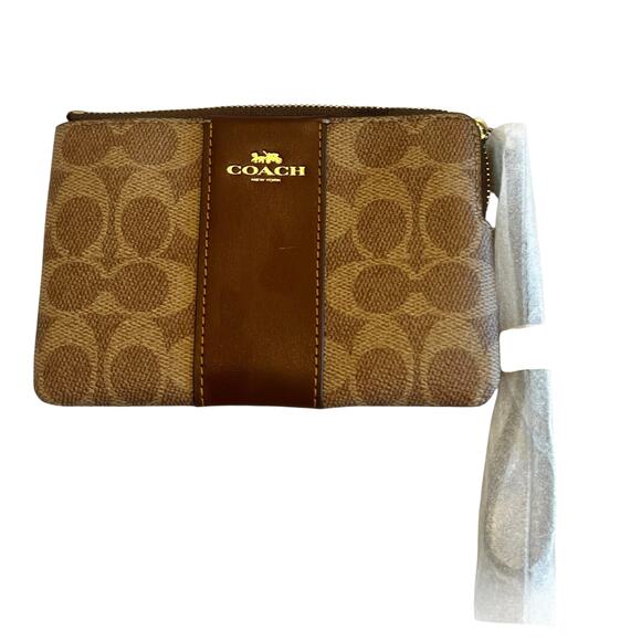 Coach Corner Zip Signature Canvas with Leather Stripe Bag Tan Brown One Size NWT - Picture 10 of 12